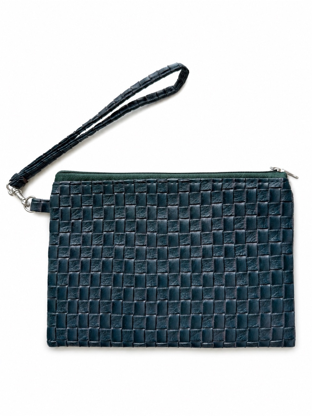 Vintage Woven Faux Leather Dark Blue Wristlet Clutch Wallet